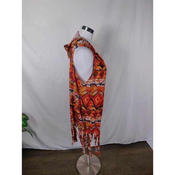 Bohemian Fringe Hooded Vest 1X By Llave Red & Orange Geometric Pattern - Picture 10 of 10